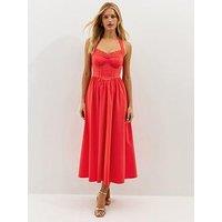 New Look Dark Coral Embroidered Halter Midi Dress