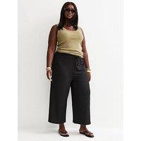 New Look Curves Ribbed Drawstring Cropped Trousers - Black