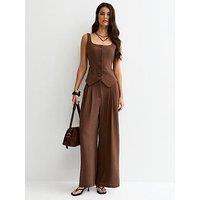 New Look Wide Leg Pleated Trousers - Dark Brown