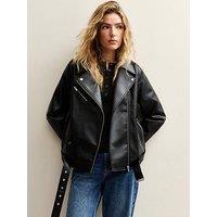 New Look Black Faux Leather Textured Oversized Biker Jacket