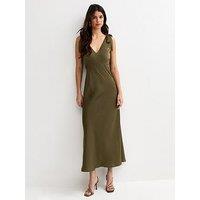 New Look Tie Shoulder Plunge Maxi Dress - Light Khaki