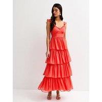 New Look Coral Tiered Chiffon Midi Dress
