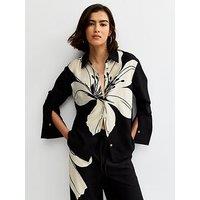 New Look Soft Touch Large Lily Print Long Sleeve Shirt - Black