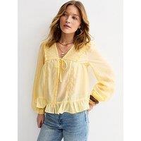 New Look Lace Button Long Sleeve Blouse - Light Yellow