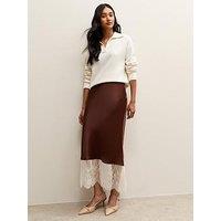 New Look Satin Lace Hem Bias Cut Midi Skirt - Dark Brown