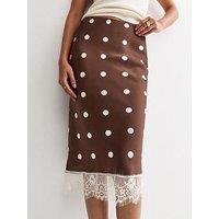 New Look Brown Satin Polka Dot Lace Hem Midi Skirt