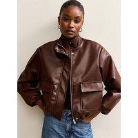 New Look Faux Leather Funnel Neck Bomber Jacket - Dark Brown