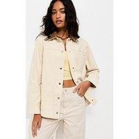 New Look Cotton Longline Corduroy Collar Jacket - Off White
