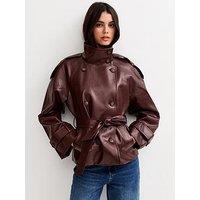 New Look Faux Leather Belted Funnel Neck Jacket - Dark Burgundy