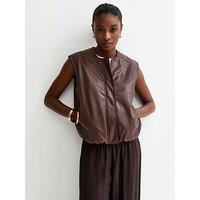 New Look Brown Faux Leather Sleeveless Bubble Hem Jacket