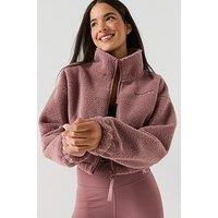 Gym King Womens Linear Cropped Borg Full Zip - Brown