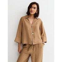 New Look Camel Crinkled Cropped Sleeve Shirt