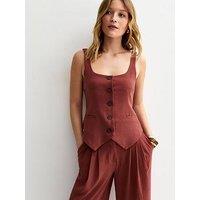 New Look Scoop Neck Button Up Waistcoat - Rust