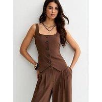 New Look Scoop Neck Button Up Waistcoat - Dark Brown