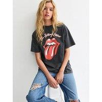 New Look Dark Grey Rolling Stones Lips Print Oversized T-Shirt