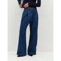 New Look Pleated Wide Leg Denim Trousers - Blue