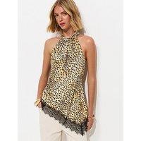 New Look Animal Print Asymmetric Hem Halterneck Top - Brown