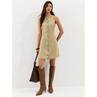 New Look Linen Blend Button Through Mini Dress - Light Khaki