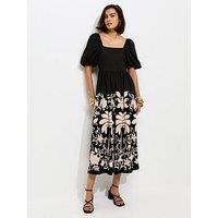 New Look Floral Border Print Milkmaid Midi Dress - Black