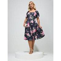 Yours Curve Floral Square Neck Skater Dress - Blue