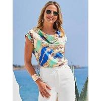 Sosandar Scarf Print Cowl Neck Top - Green