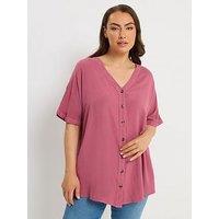 Yours Curve Button Through Chambray Blouse - Red Chambray