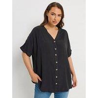 Yours Curve Button Through Chambray Blouse - Black
