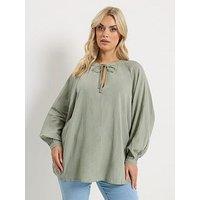 Yours Curve Long Sleeve Gypsy Tie Neck Top - Green