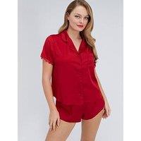 Boux Avenue Kaya Satin Short Sleeve Revere Set - Dark Red
