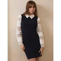 Mint Velvet Navy Woven Sleeve Knit Dress - Blue