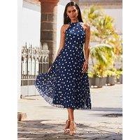 Sosandar Pleated Halter Dress - Navy