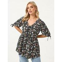 Yours Curve Bow Front Ditsy Peplum T-Shirt