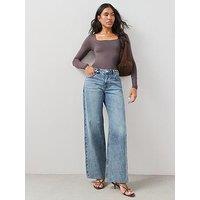 The Very Collection Short Low Slung Wide Leg Jeans - Mid Wash