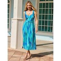 Sosandar Watercolour Print Belted Pleated Fit & Flare Dress - Blue
