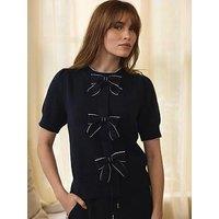 Mint Velvet Navy Bow Front Knit Top - Blue