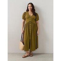 The Very Collection Curve Crinkle Button Detail Midi Dress - Olive