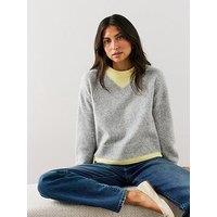 The Very Collection V Neck Overlay Jumper With Wool - Grey/Yellow
