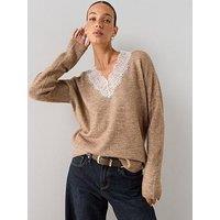 The Very Collection V Neck Lace Trim Jumper With Wool - Brown