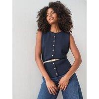 The Very Collection Crew Neck Button Through Belted Knitted Tank - Navy