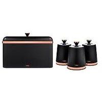 Swan Cavaletto 4 Piece Bread Bin And Storage Canister Set, Black And Rose Gold