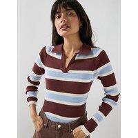 Only Onlatlas Long Sleeve Rib Polo Top - Blue/Brown