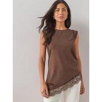 The Very Collection Lace Trim Longline Asymmetric Top - Brown