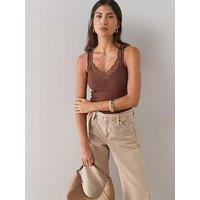 The Very Collection Lace Trim V Neck Rib Vest - Brown