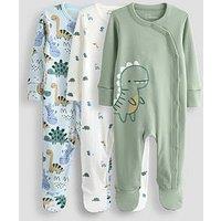 The Very Collection Baby Boy 3 Pack Dinosaur Print Sleepsuits - Green