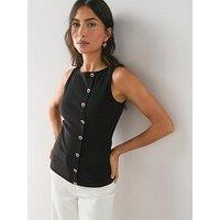 The Very Collection Gold Button Ribbed Tank Top - Black