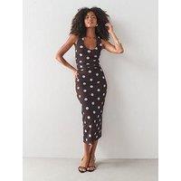 The Very Collection Polka Dot Ruched Midaxi Dress - Brown