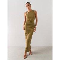 The Very Collection Gold Trim Ruched Midi Dress- Green