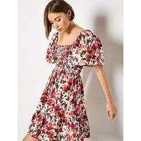 Apricot Smocked Ikat Floral Cotton Drs