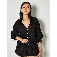 Apricot Embroidered Daisies Lace Hem Top