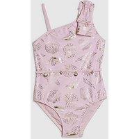 River Island Older Girls Gold Foil Shell Swimsuit - Pink